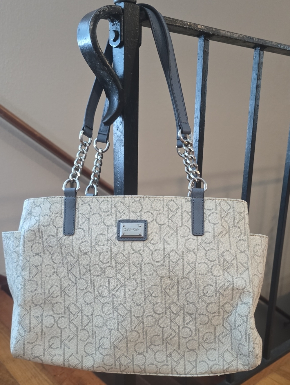Calvin Klein Cream Monogram Shoulder Tote with Chain-Strap Detail